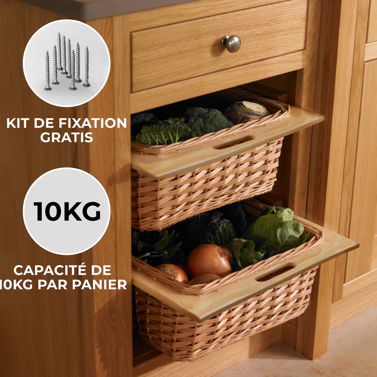 Lot de 3 Paniers Coulissants en Osier 600 mm Kukoo