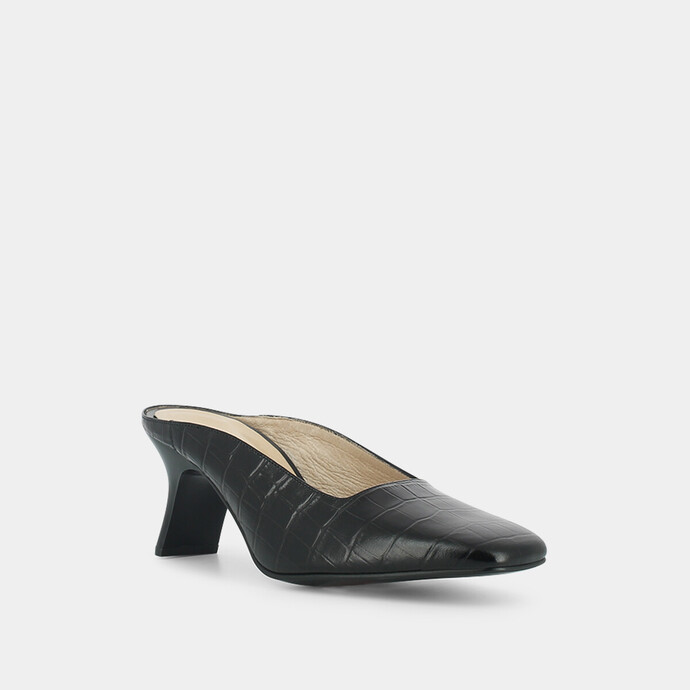 Mules à talon incliné  en croco noir