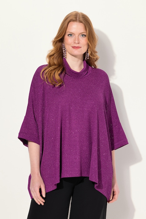 Shirt, oversized, Glitzer-Effekt, Rollkragen, Halbarm