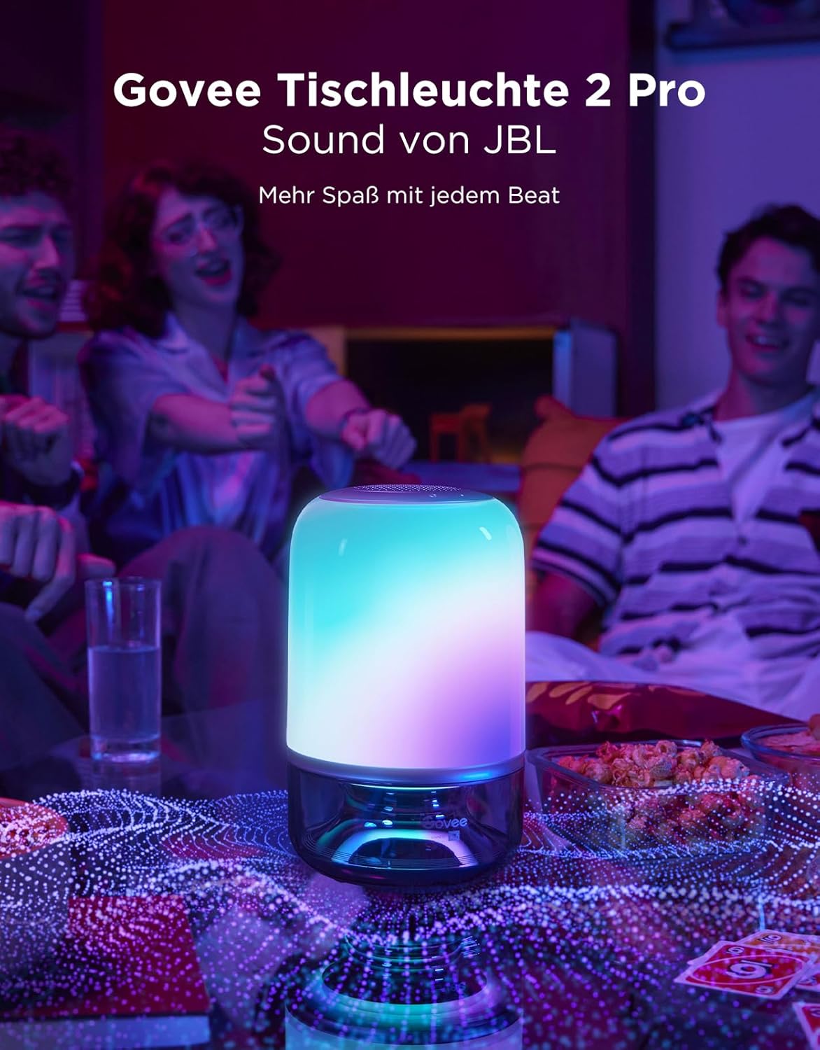 Govee Tischlampe 2 Pro x Sound von JBL (Kein Adapter), kabellose LED Tischlampe mit Lautsprecher, Musik-Licht-Sync, 16 Musik- & 100+ Szenenmodi, Matter-kompatibel, Wiederaufladbare Nachttischlampe