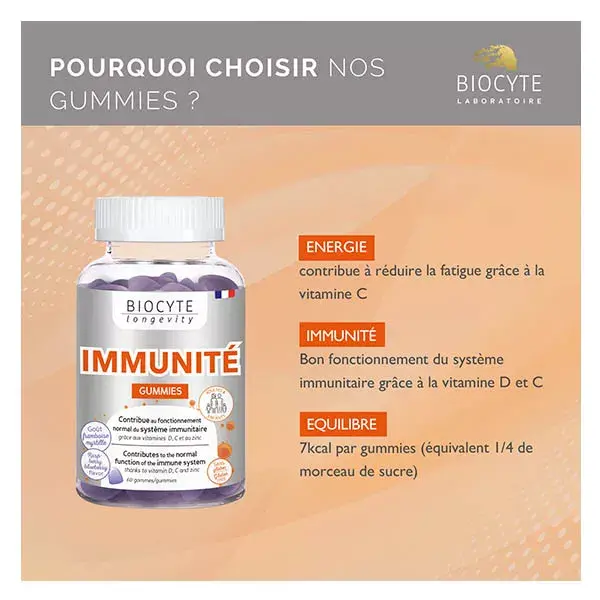 Biocyte Immunité Gummies Système Immunitaire Vitamine D, C, Zinc 60 Gummies