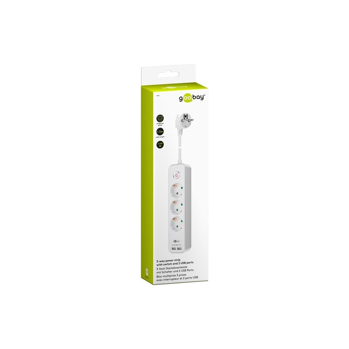 Goobay 3-veis strømskinne med bryter og 2 USB-porter