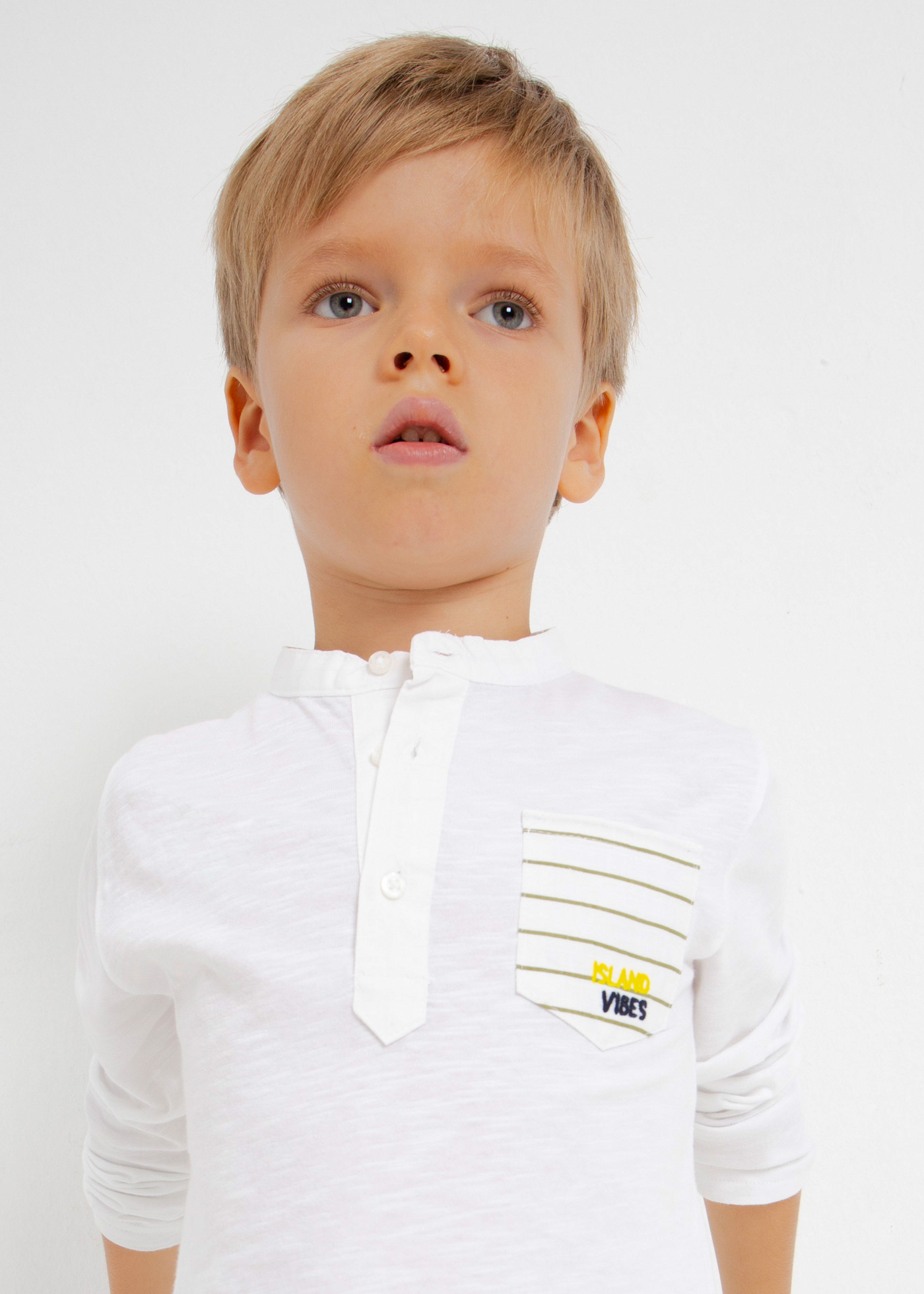 Camisa polo de manga comprida com gola mandarim em algodão para meninos