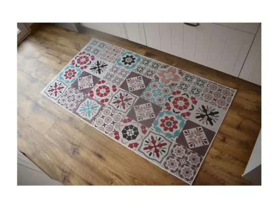 Tapis couloir 80x300 rouge et bleu motif carreaux de ciment CAROMENT B