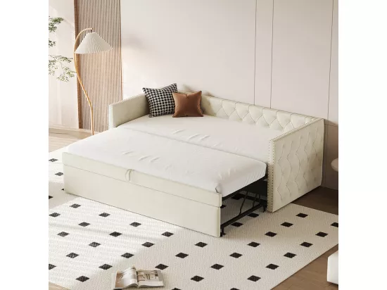 Lit gigogne Lit adulte Lit banquette 90 x 200 avec Sommier à lattes Lit d'invité Velours Beige