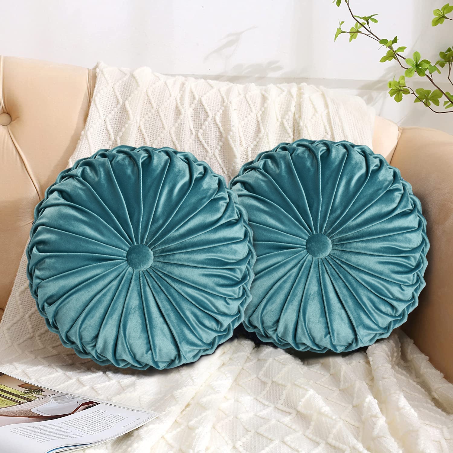 Set of 2 Decorative Velvet Round Pleated Throw Pillows,14.5" Diameter