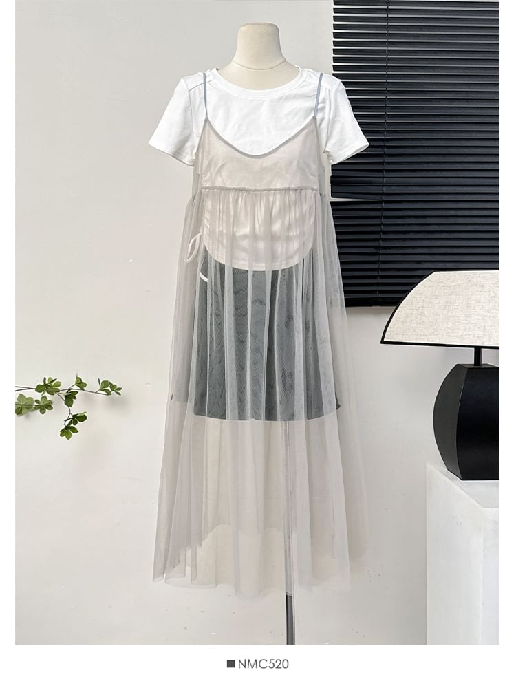 Lemongrass - Mouwloze V-hals mesh lange jurk in 6 kleuren