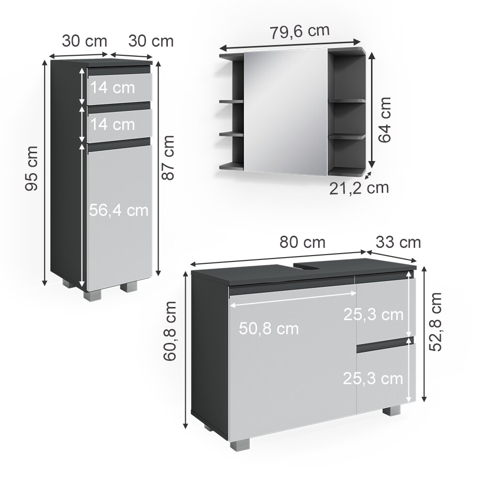 Vicco Badmöbelset J-shape Anthrazit Weiß modern Badezimmer Schrank Badschrank Waschtischunterschrank Spiegelschrank Midischrank Schranktür Schrankschublade Schrankfach Ablage Aufbewahrung