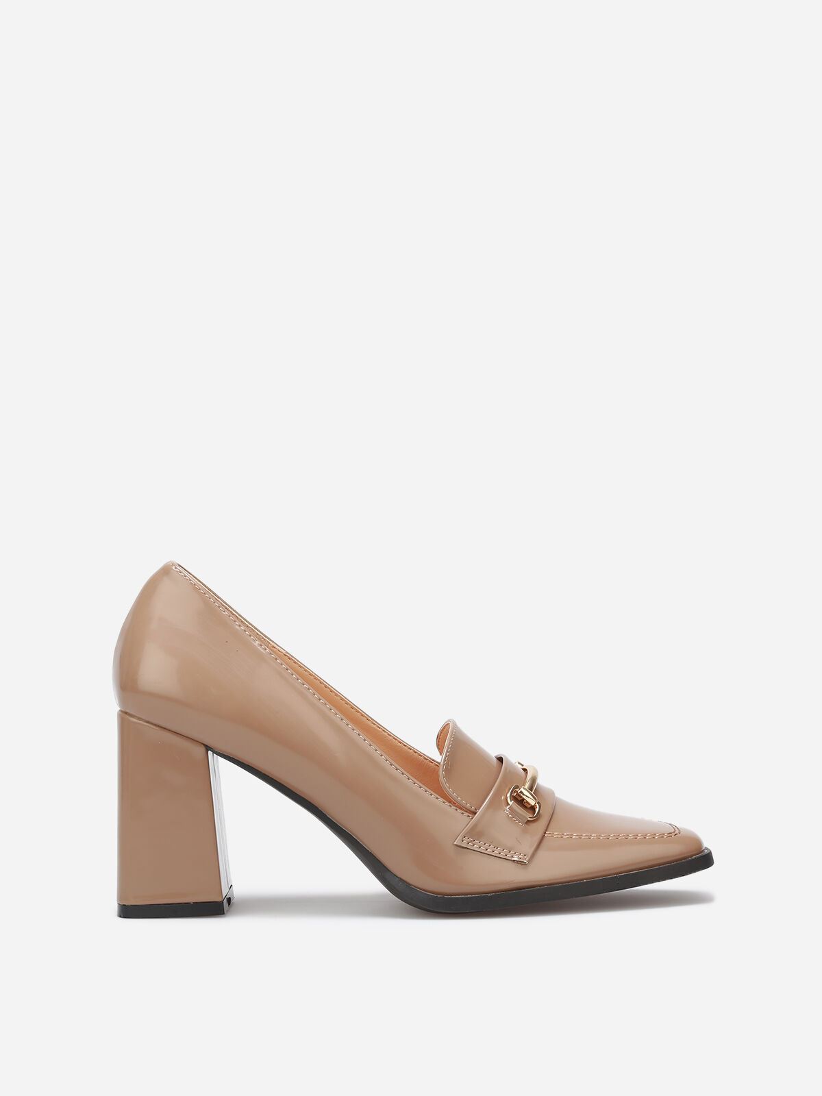 Mocassins vernis à talon et bride doré- Taupe