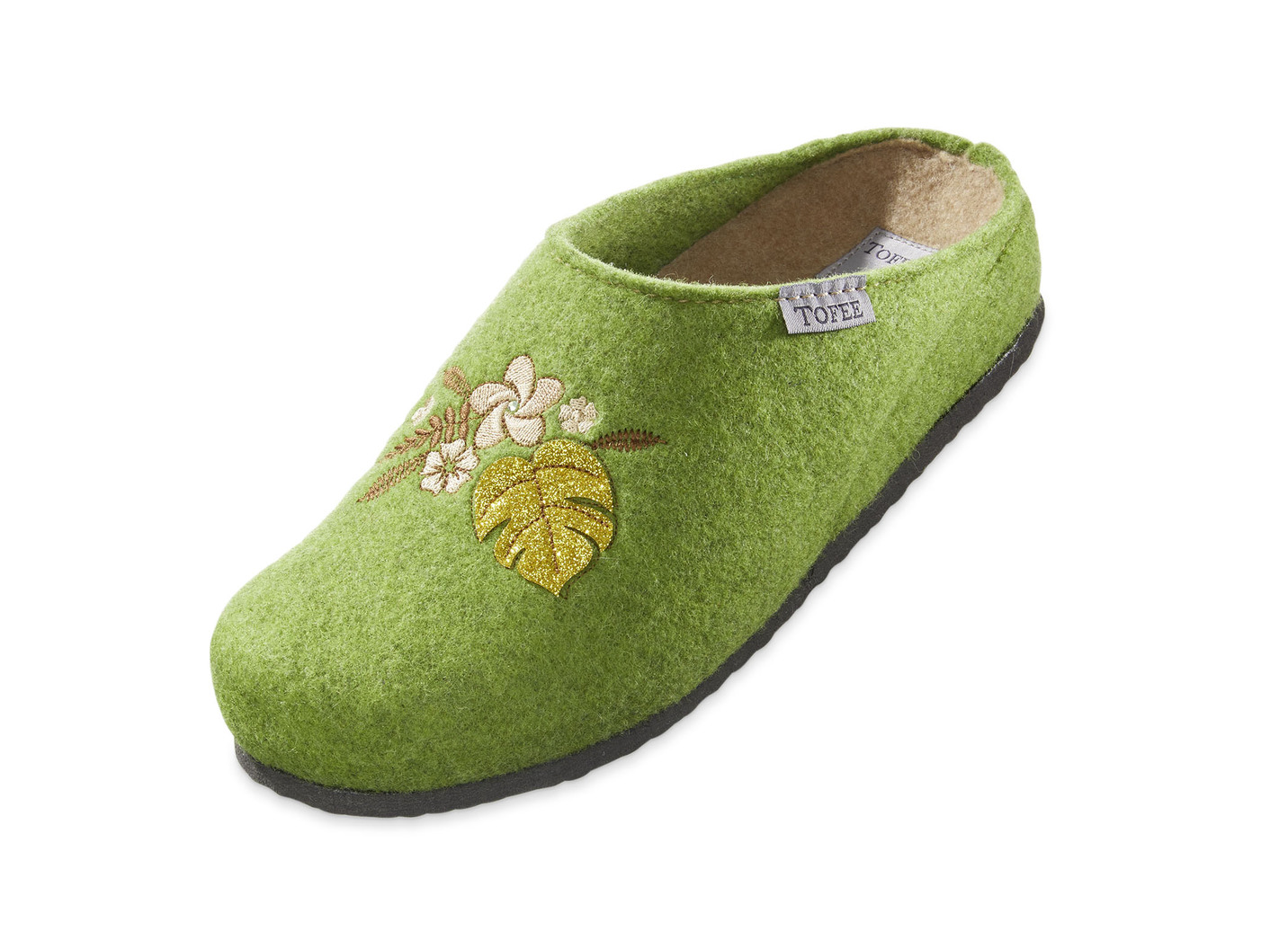 Hausschuh mit Blüten- und Blattstickerei