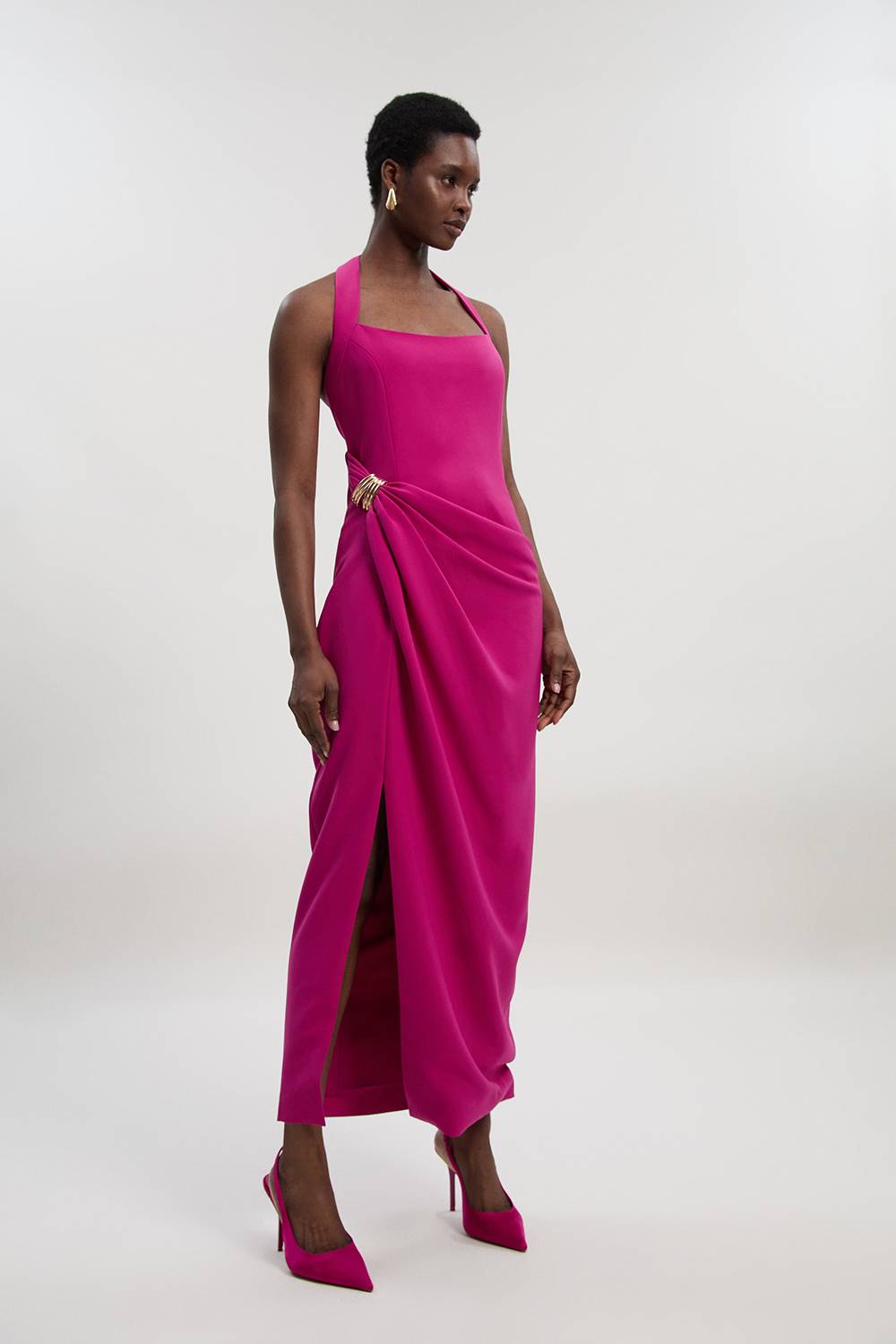 KarenMillen Robe Mi-Longue Cintrée à Col Halter Froncée - Taille Petite