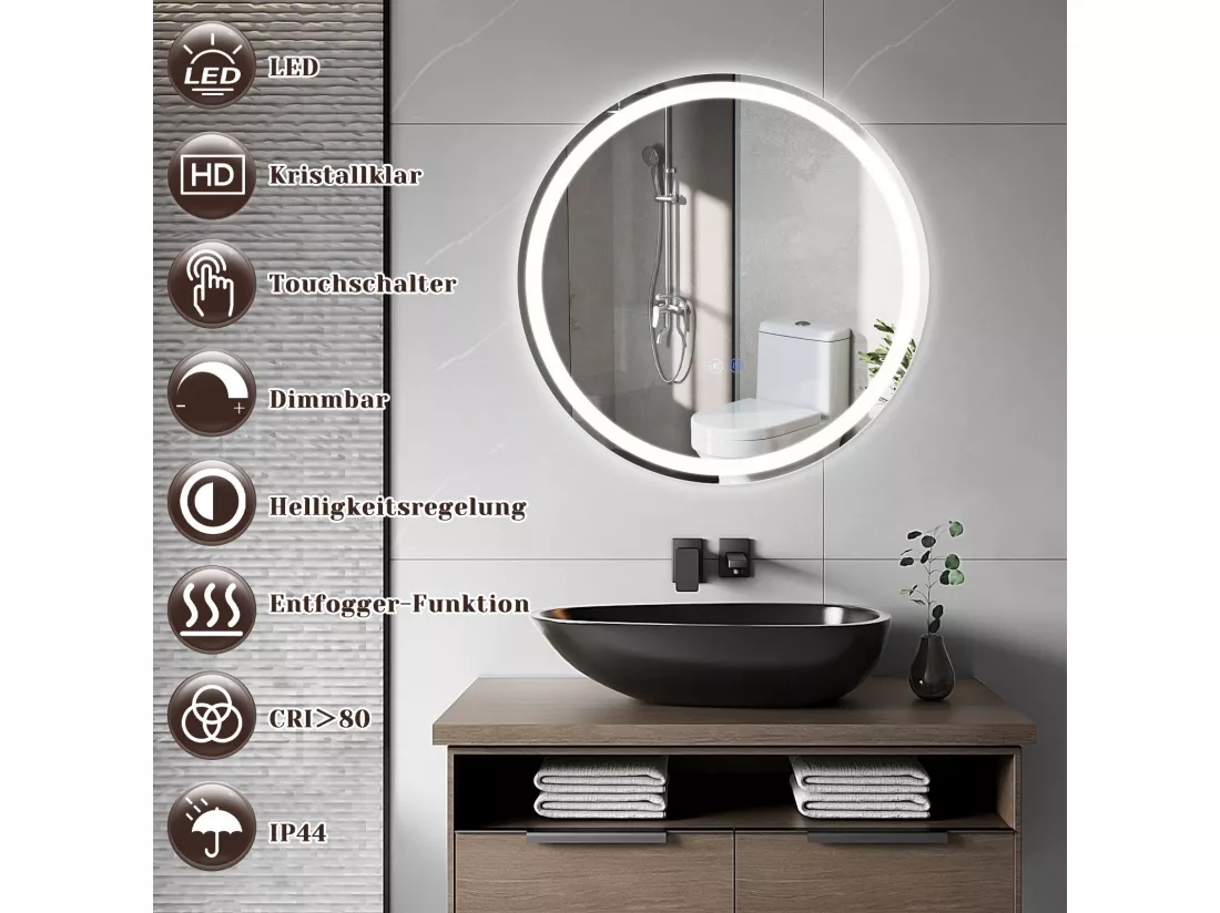 NETTLIFE Miroir lumineux salle de bain - Rond 50 cm LED, mural, interrupteur tactile, antibuée, IP44, réglable 3000K-6500K