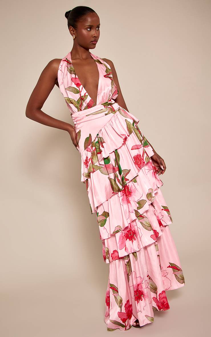 Rose Robe Longue En Satin À Imprimé Floral Avec Col Licou Et Volants