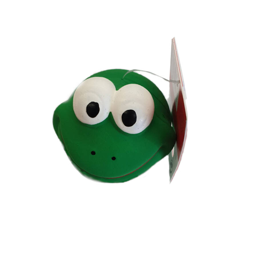 Bola em formato de sapo para cães, ideal para brincar e morder.