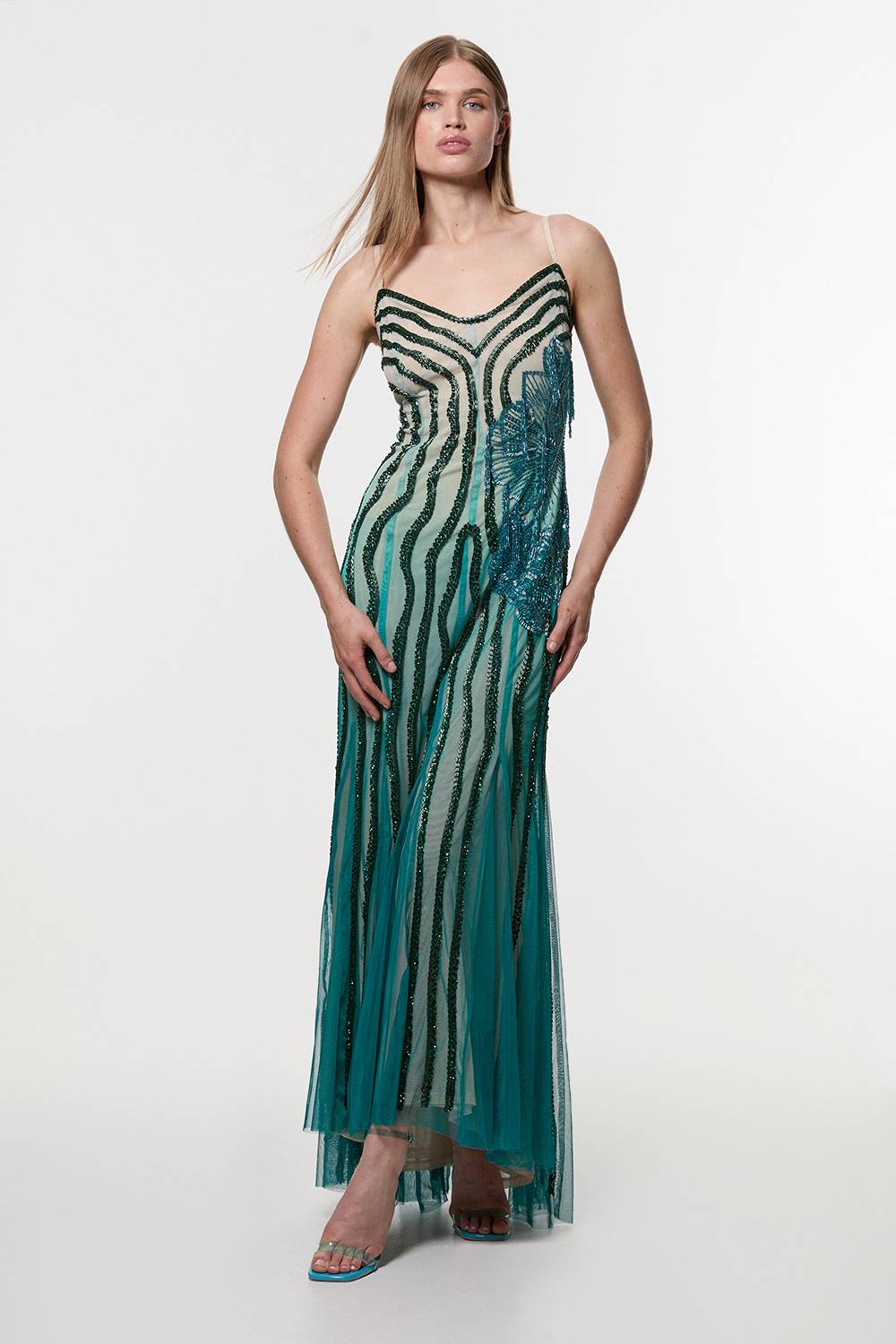 KarenMillen Robe Maxi Tissée Sans Bretelles à Perles Ombrées Digital Ophelia