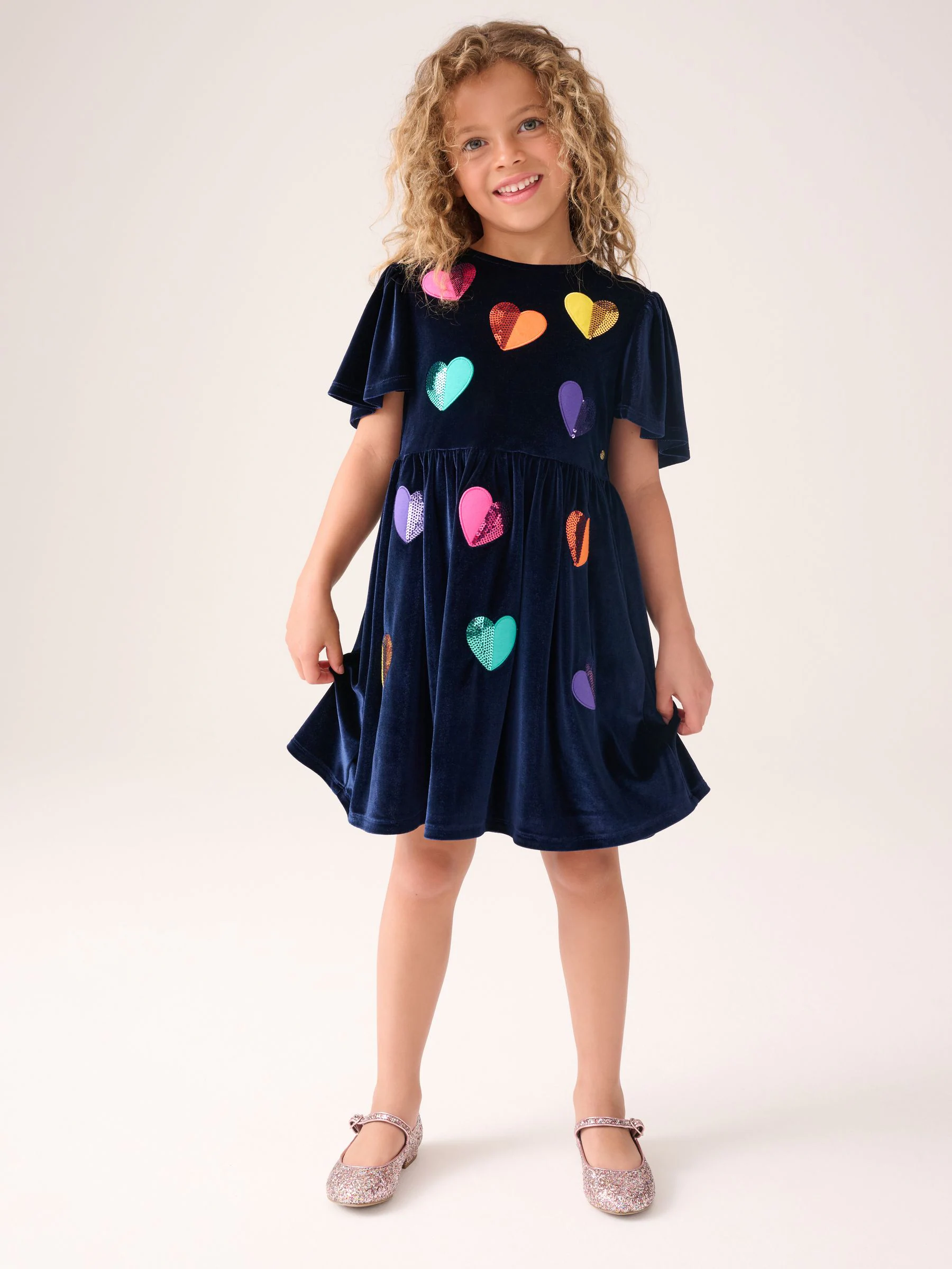 Little Bird by Jools Oliver Velvet Party Sequin Heart Angel Sleeve Skater Dress