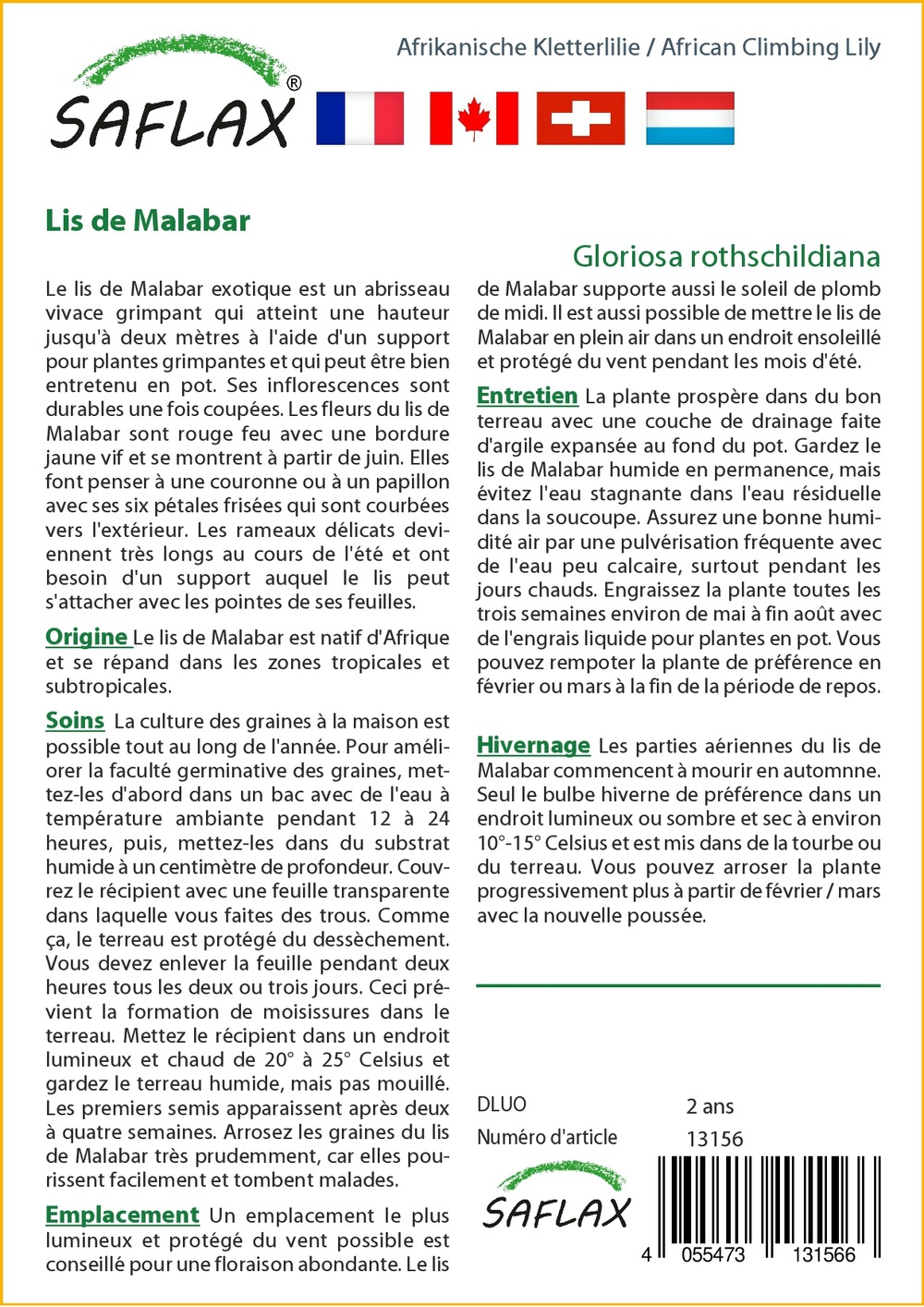 Jardin dans le sac - lis de malabar - 15 graines - gloriosa rothschildiana