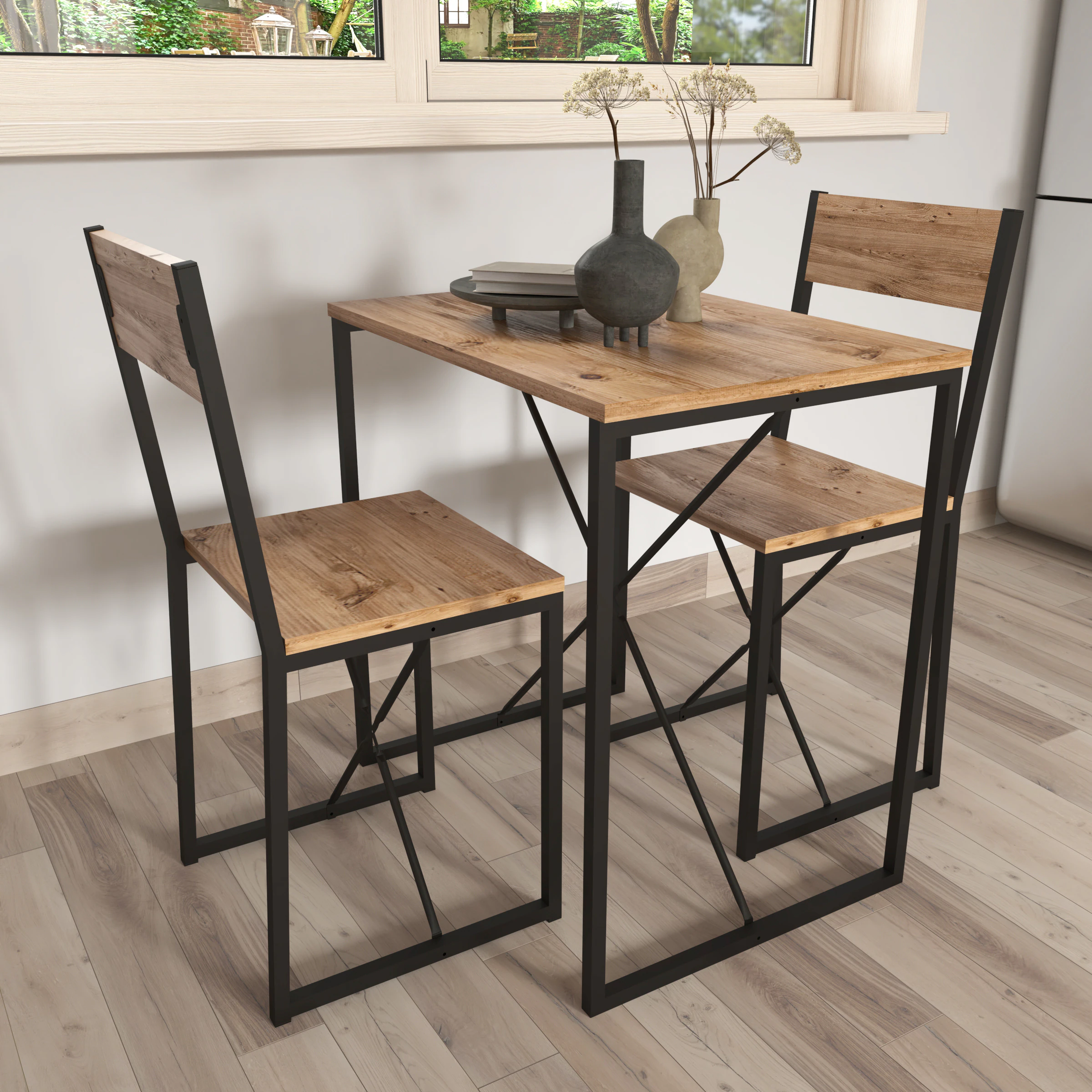 VCM 3-tlg. Holz Metall Essgruppe Küchentisch Esstisch Set Tischgruppe Tisch Stühle Insasi M