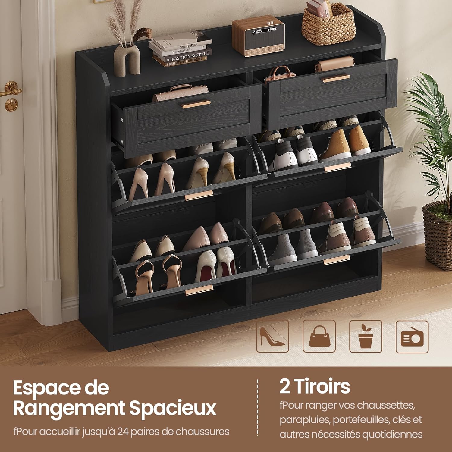 Meuble Chaussure Entrée, Porte Chaussures avec 4 Tiroirs Rabattables et Cloisons Réglables, 2 Tiroirs, Pour 16-24 Paires, Armoire à Chaussure pour Entrée, Couloir, Dressing, 24 x 100 x103 cm, Noir IB1609327