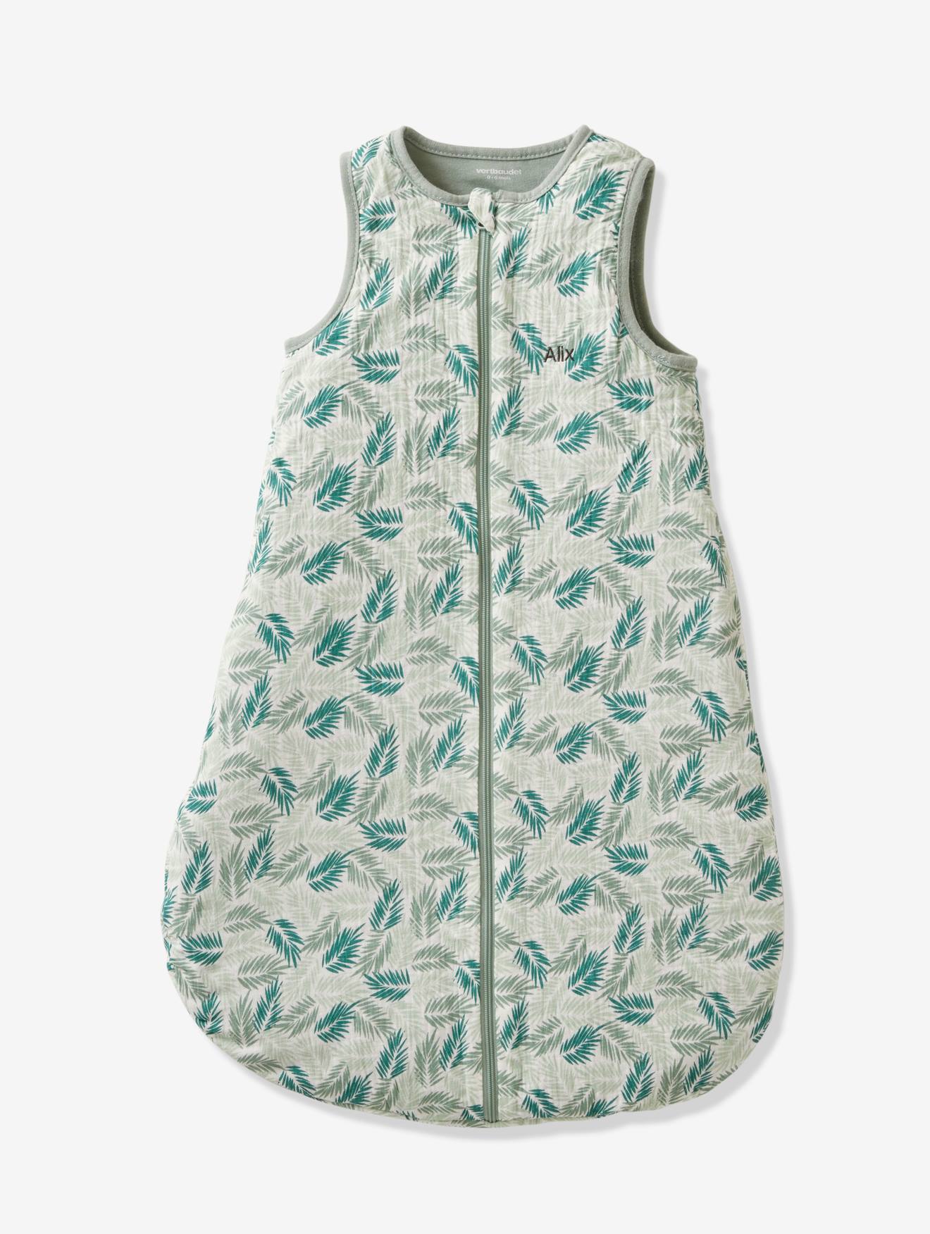 Cardigã sem mangas, perfeito para o verão. Estampa tropical verde de tamanho médio.