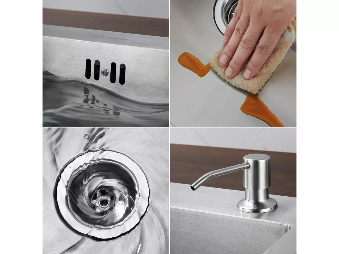 Évier Cuisine 1 Bac 68*45*19CM INOX Trop Plein Évier à Encastrer, avec Distrubuteur Savon et Égouttoir Panier, Brossé,EU Modèle
