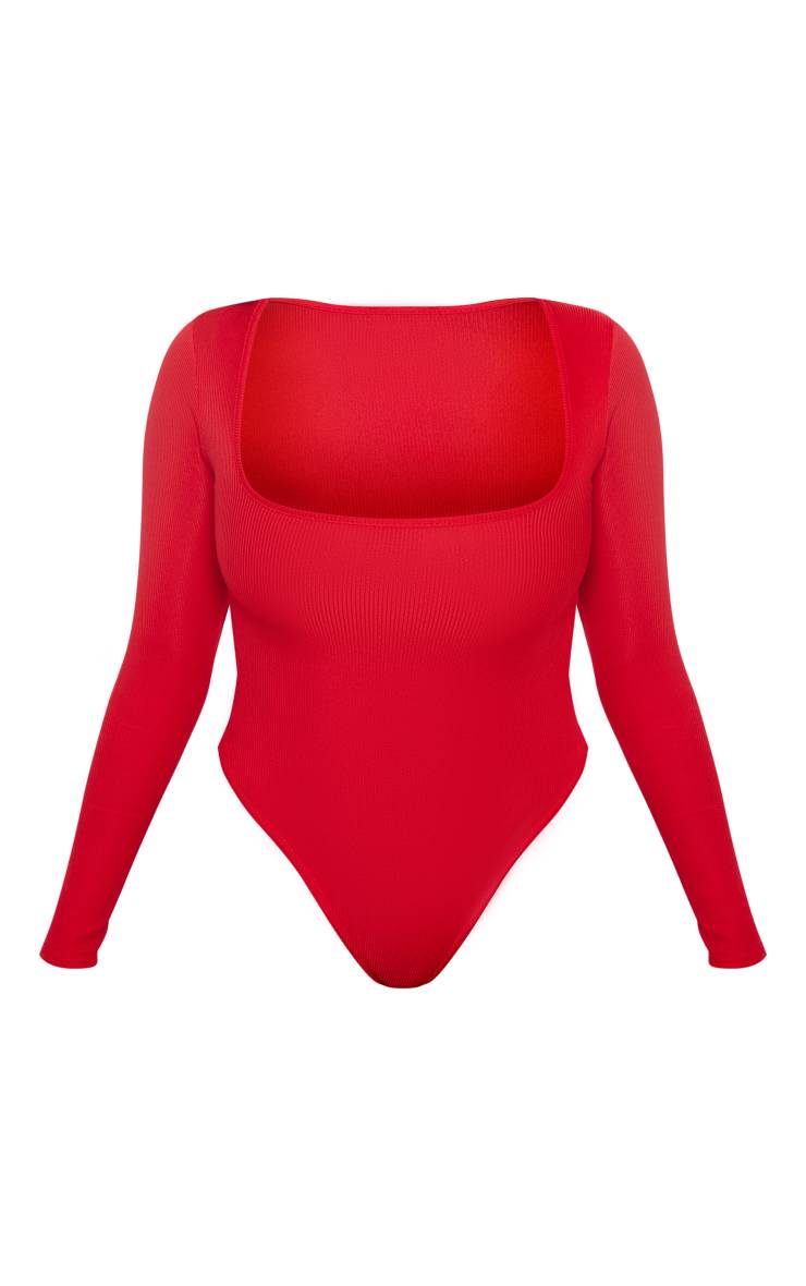 Bright Red Body Côtelé À Manches Longues Et Encolure Carrée Shape