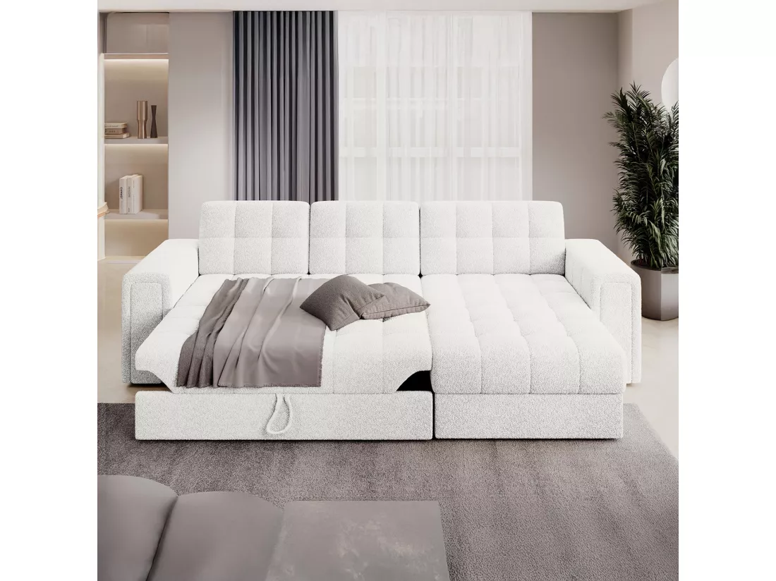 Canapé d'angle droit convertible réversible Veziko Bouclette Blanc