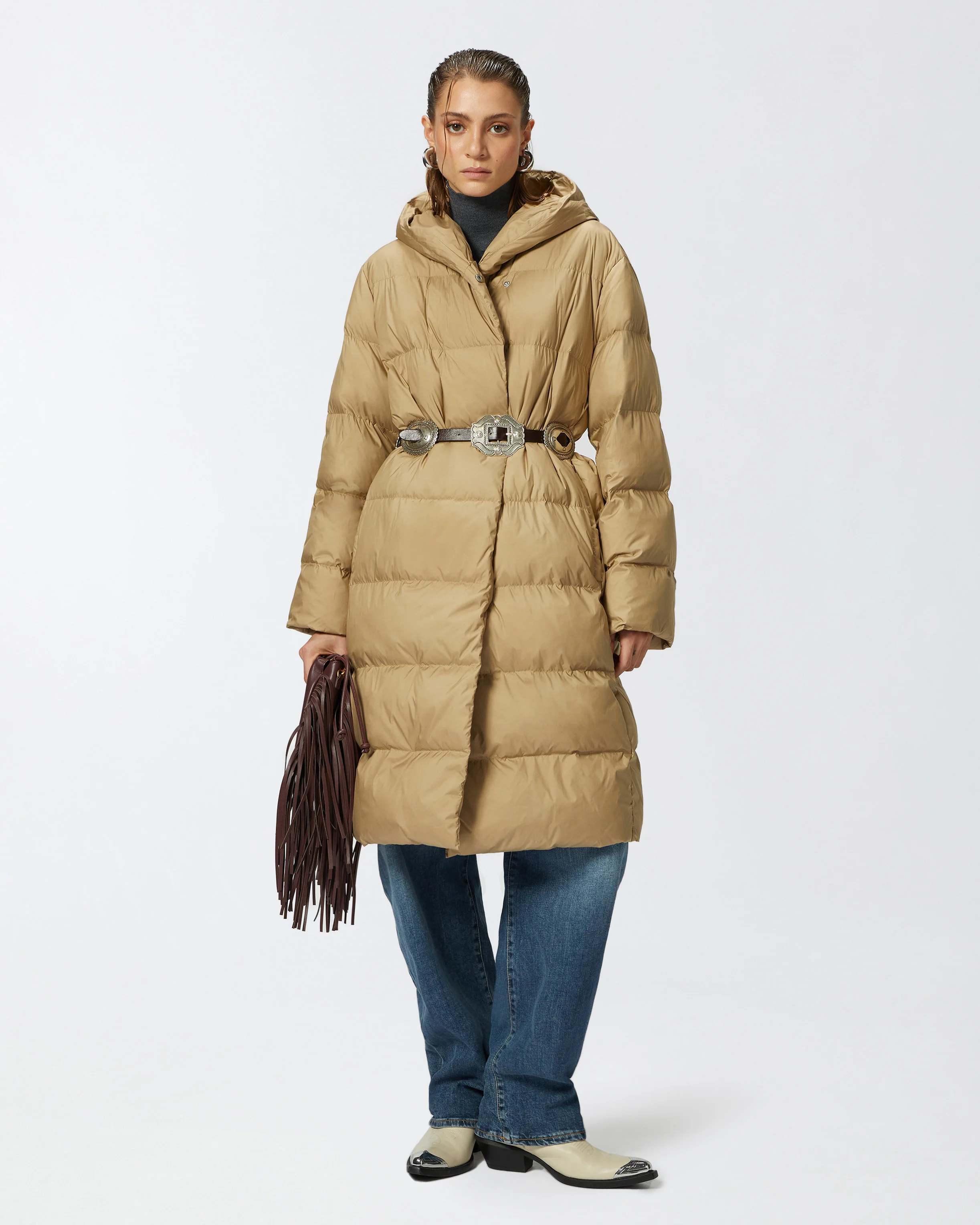 Doudoune esprit caban rembourrée et ceinturée en toile technique | Beige