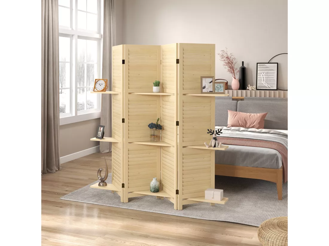 Paravent intérieur 4 panneaux 3 étagères pliables séparateur de pièce portes persiennes bois de paulownia naturel