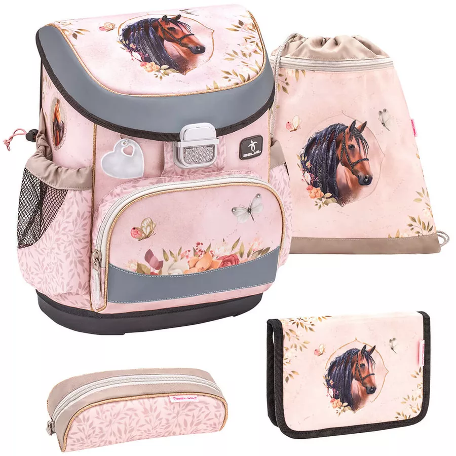 Belmil Schulranzen Mini Fit Schulranzen Set 4-teilig mit Brustgurt Horse Chestnut