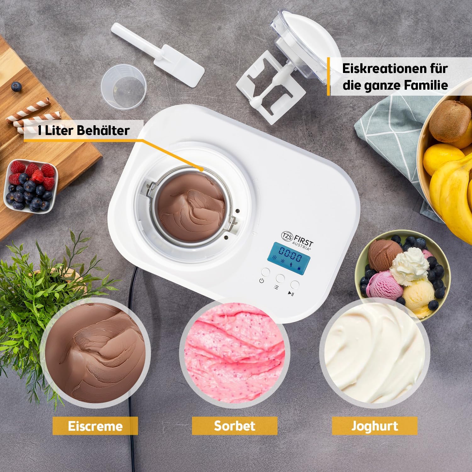 TZS First Austria - Eismaschine 1L mit Kompressor 3 in 1 - Ice Cream Maker 100W selbstkühlend für Frozen Joghurt, Sorbet & Eiscreme - Kleine Speiseeismaschine inkl. Messbecher & Spatel - weiß