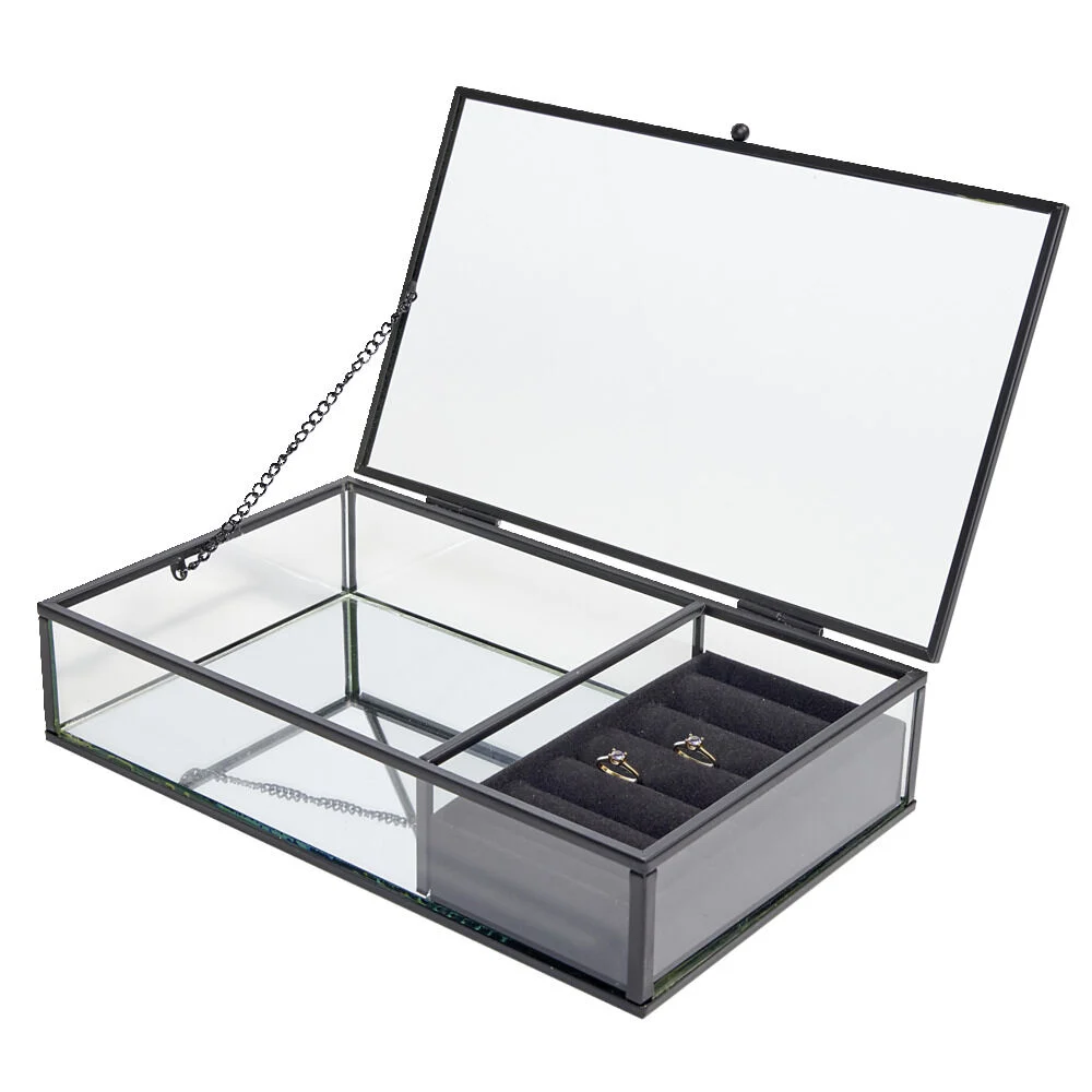 Boîte à bijoux métal et verre 23x14,5xH5cm (2 modèles doré ou noir)