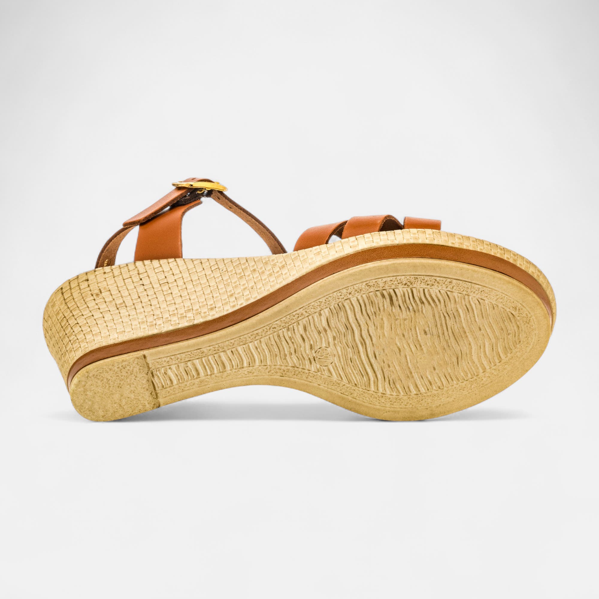 Nu-pieds à talon compensé Femme en cuir cognac