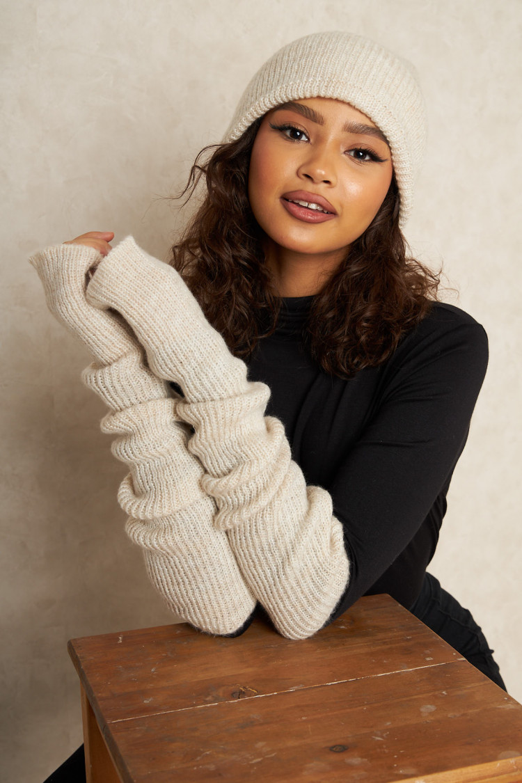 Ensemble 2 pièces bonnet et mitaine en laine beige