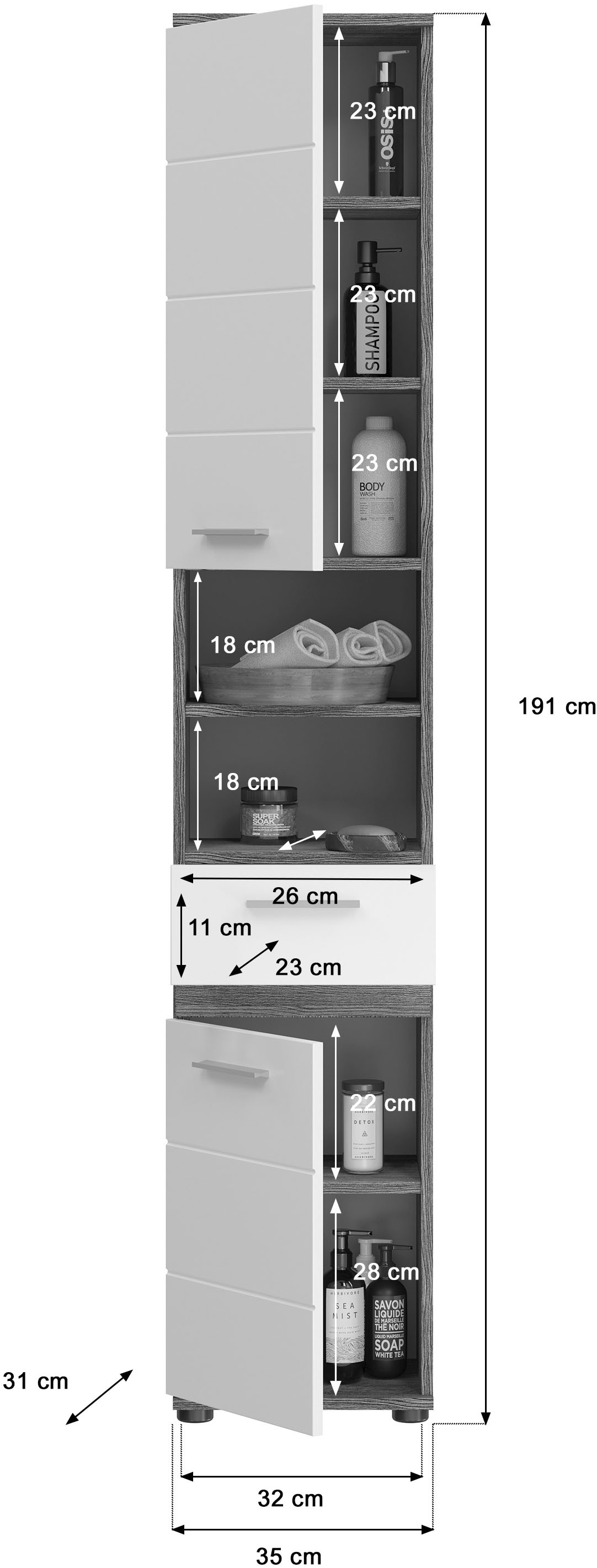 welltime Hochschrank »LUCCA, TOPSELLER!, Breite 35cm, 2 Türen, 1 Schubkasten, 2 Fächer« MDF-Front, Türanschlag wechselbar, Badmöbel, Badschrank, Badezimmer