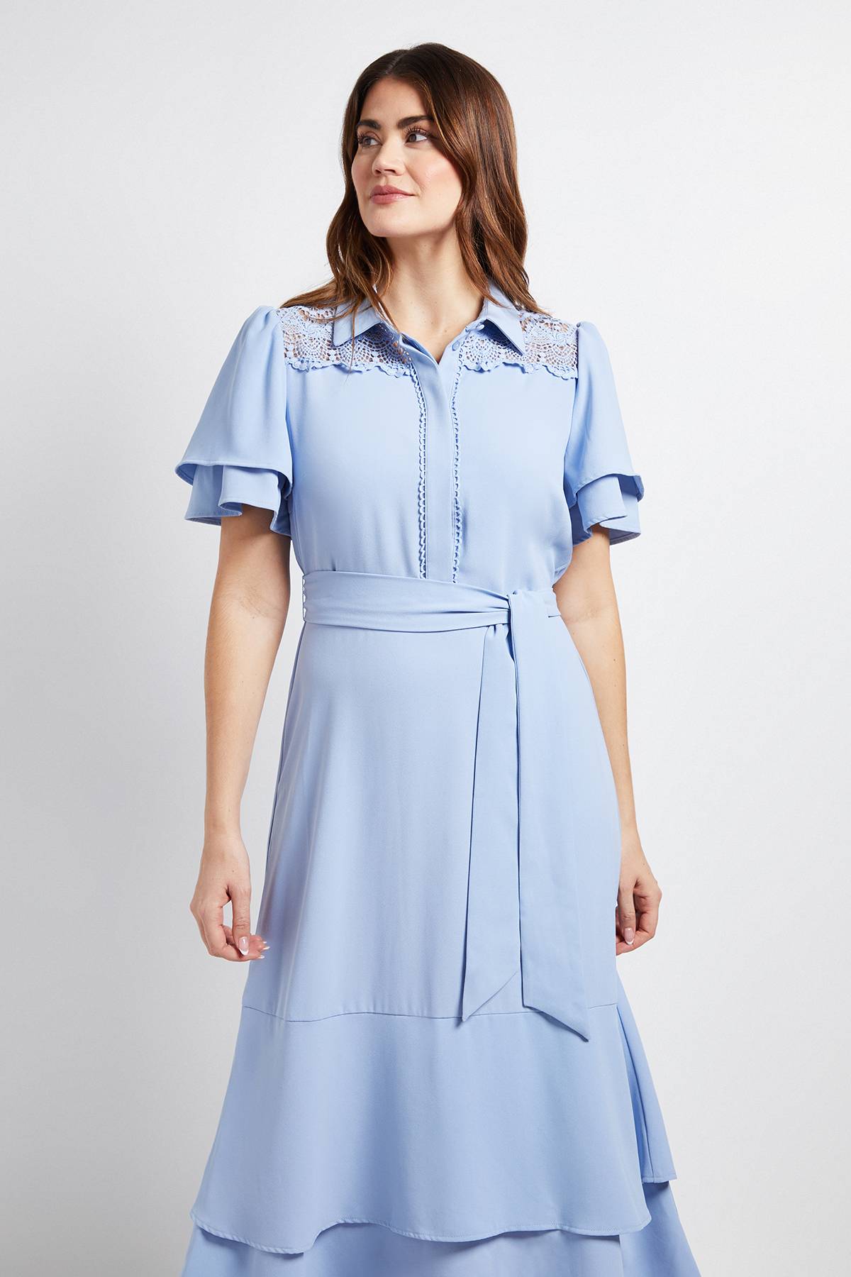 Wallis Robe Midi À Manches Volantées Avec Empiècement En Dentelle