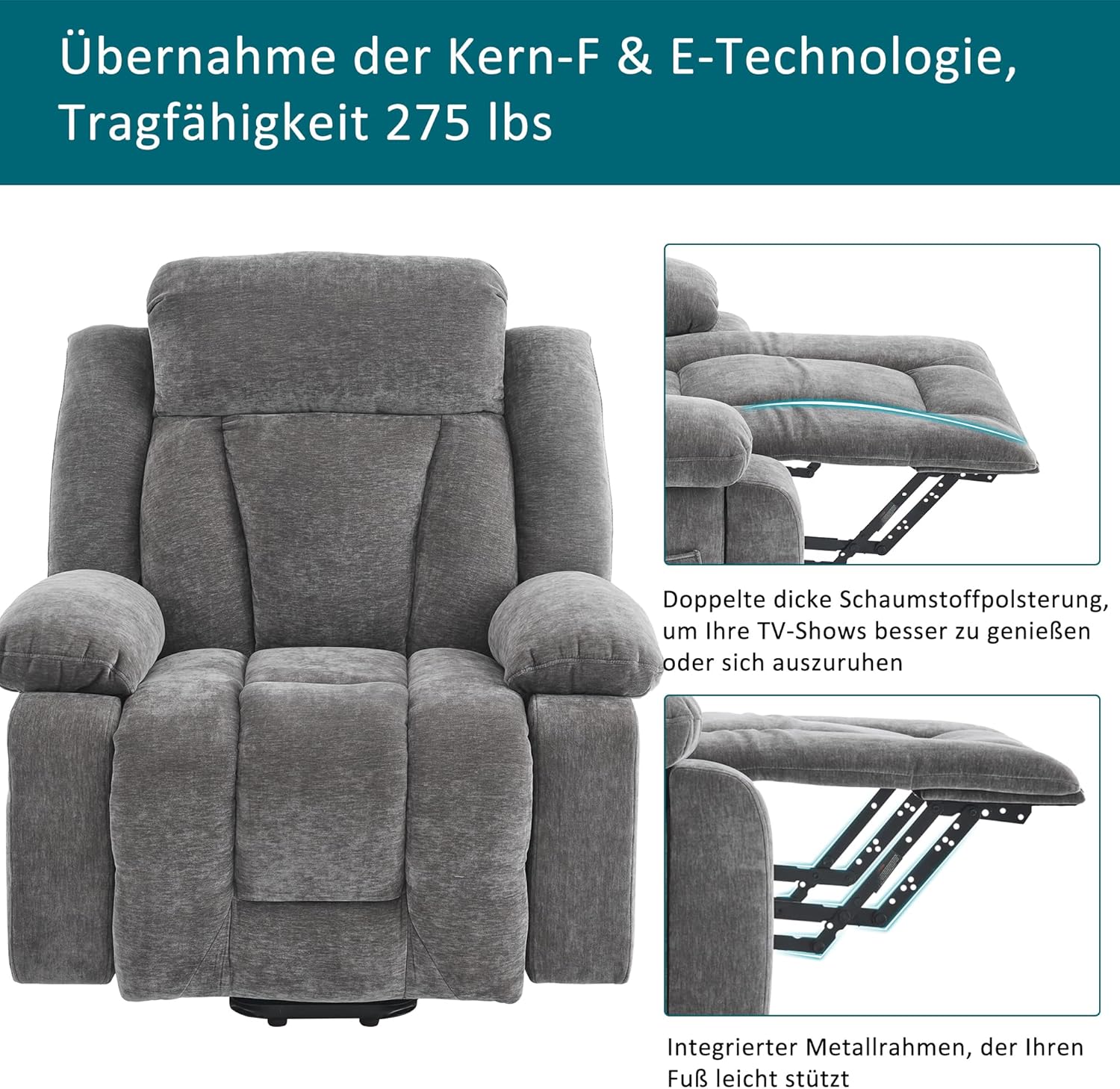 Merax Elektrischer Relaxsessel mit Liegefunktion, Fernsehsessel Massagesessel mit Aufstehhilfe, Vibration und Heizung, Fußteil, Seitentaschen, USB-Anschlüsse, Ergonomisch, Stoffsofa, Wohnzimmer, Grau
