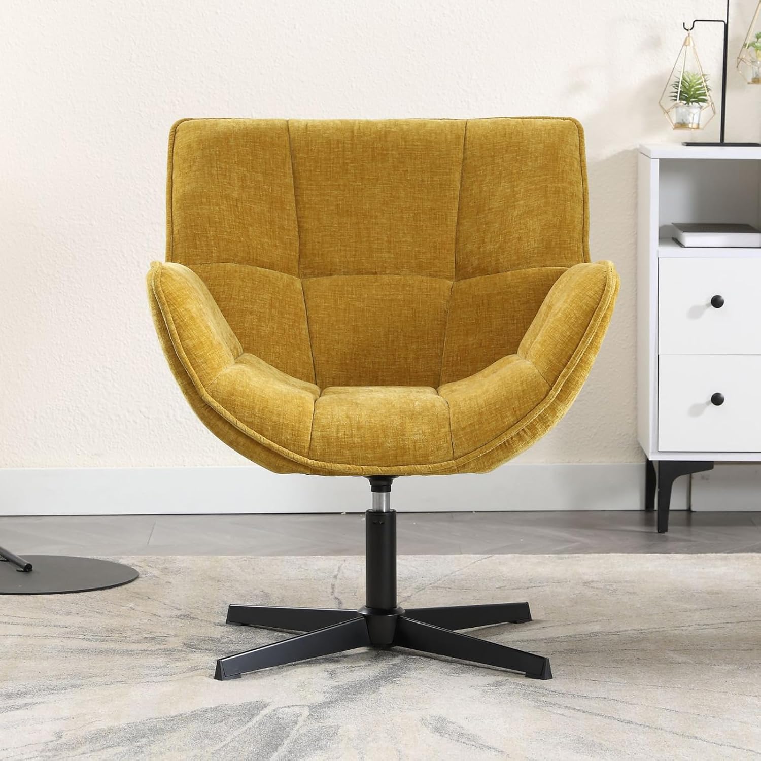 chairus Loungesessel Armlehnstuhl Sessel für Wohnzimmer Drehbarer Ohrensessel aus Chenille Polsterstuhl Akzentsessel mit Metallbeinen Schlafzimmer (Gelb)