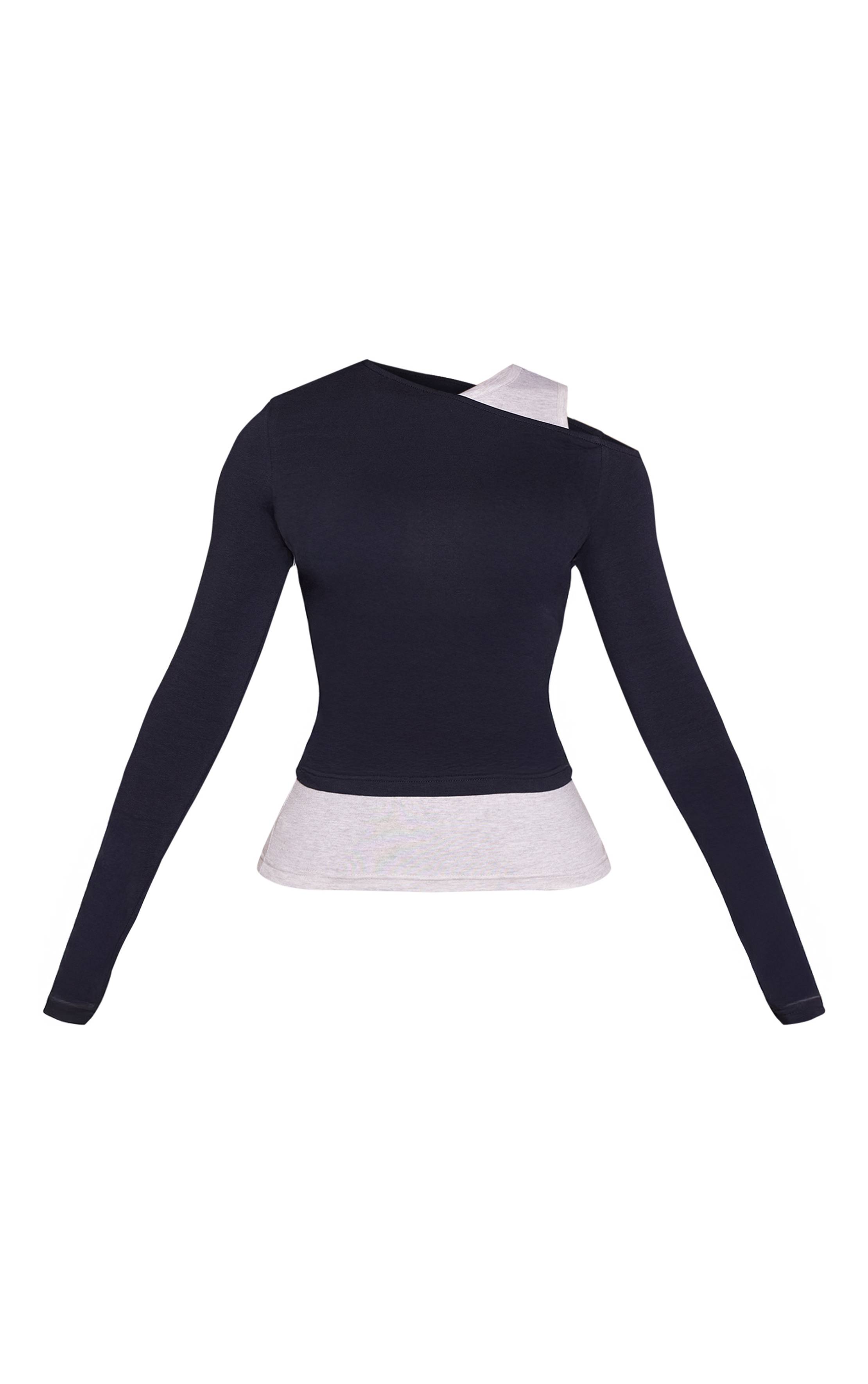 Bleu Marine Top Asymétrique Petite À Manches Longues Double Couche Contrastée