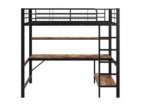 Lit mezzanine 90×200 cm garde-corps escabeau avec usb et prise éclairage d'ambiance étagère à plusieurs niveaux Métal Noir