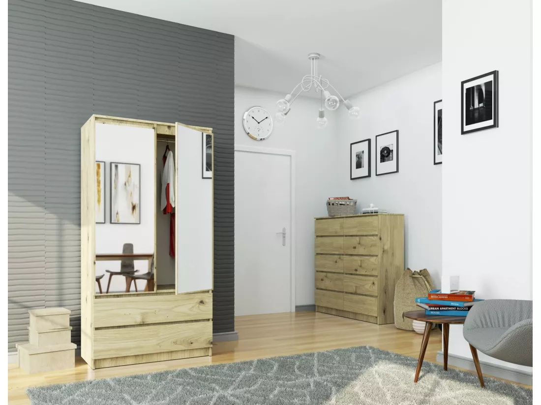Armoire AKORD S90 avec miroir Chêne Artisan 90 cm 2 portes 2 tiroirs façade Chêne Artisan 4 étagères 90x51x180 cm