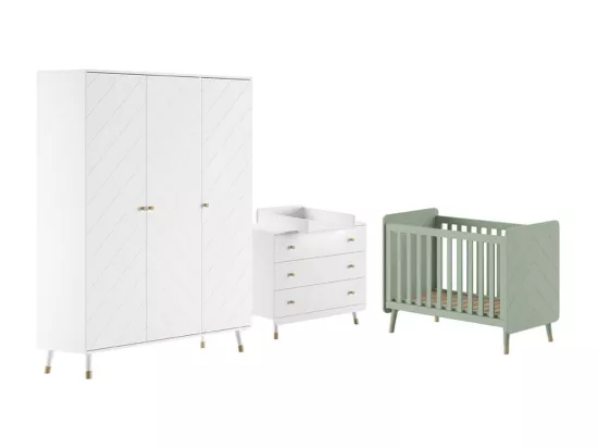 TINY WHITE - Chambre avec lit bébé vert + table à langer + Armoire 3 Portes