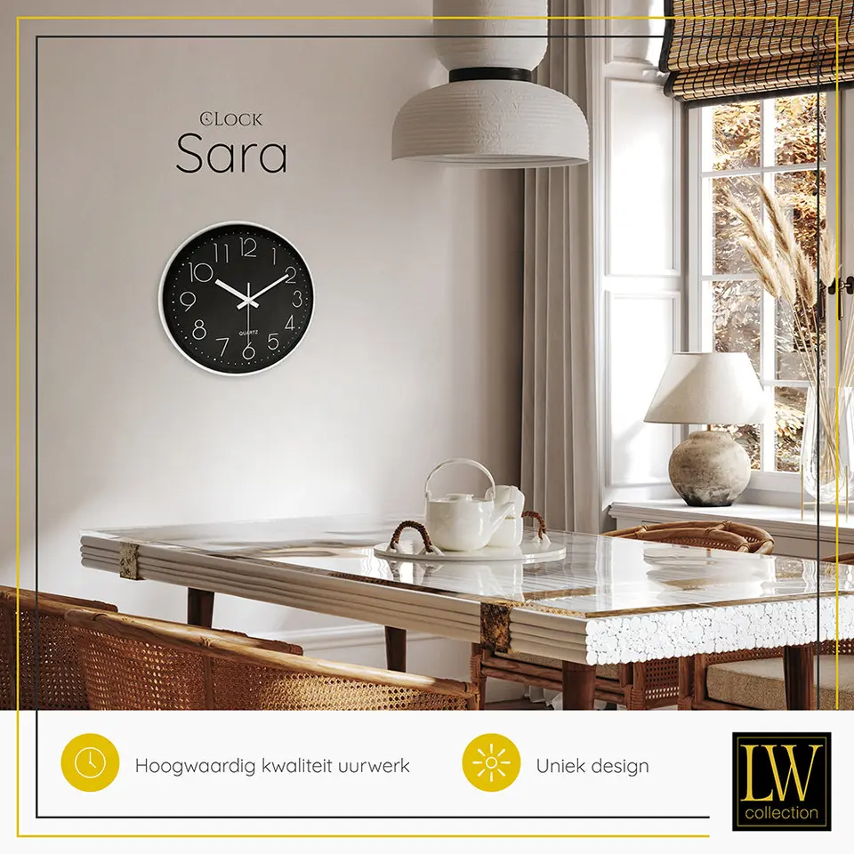 LW Collection Keukenklok Sara zwart wit 30cm