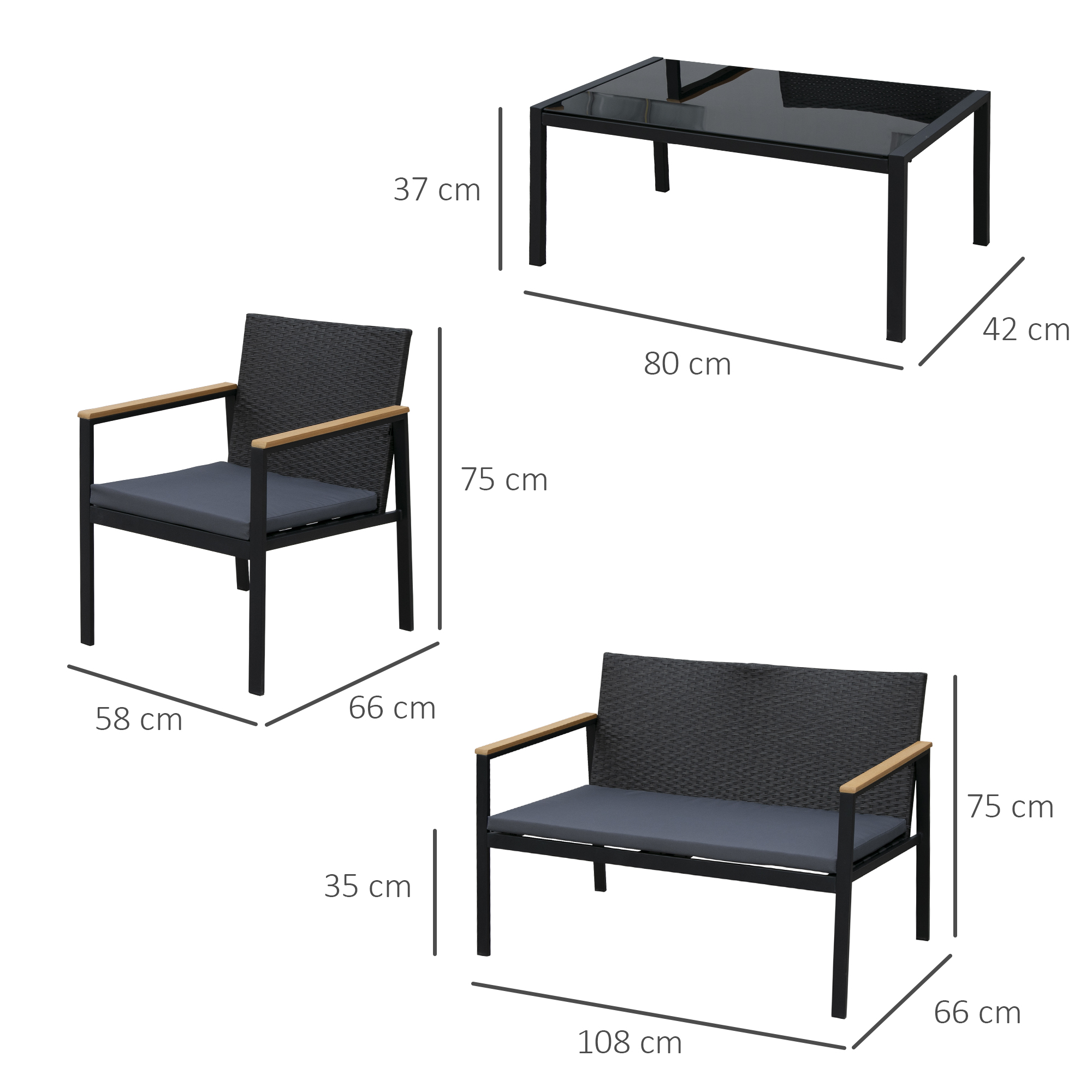 Conjunto de móveis Outsunny de 4 peças em rattan PE com almofadas, 2 poltronas, 1 sofá de dois lugares e mesa de centro para jardim, terraço e pátio, preto e cinza.