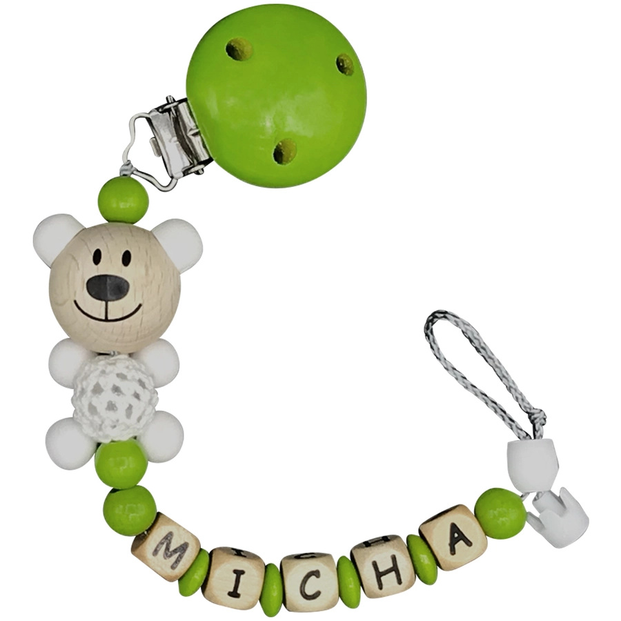 Schnullireich Schnullerkette mit Namen Häkel-Bär (Holz-Buchstaben) Grün