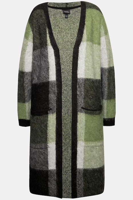 Long-Strickjacke, Karo, offenes Modell, Taschen