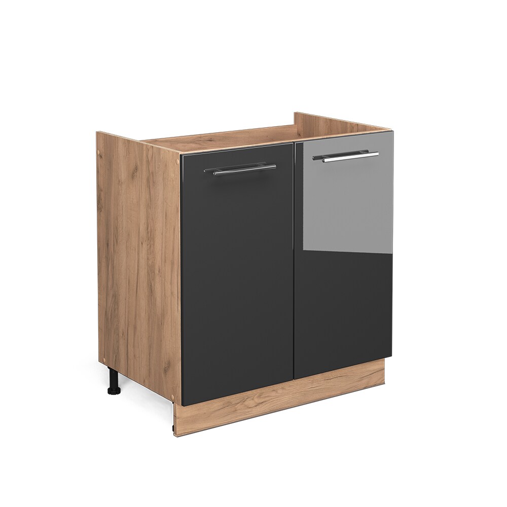 Vicco Spülenunterschrank Küchenschrank Küchenmöbel Fame-Line Eiche Anthrazit modern 80 cm Küche Einbauküche Drehtür Siphonausschnitt Blende Küchenzeile Hochglanz