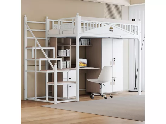 Lit mezzanine en métal 90x200 blanc avec barrière de sécurité design fenêtre échelle de rangement interchangeable gauche droite lit simple compact gain de place