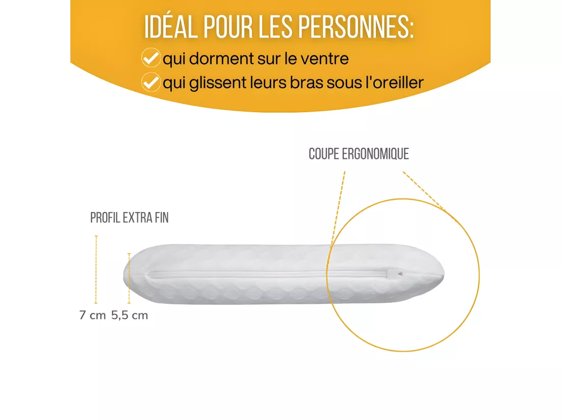 Oreiller EXTRA PLAT pour Personnes qui Dorment sur le Ventre S – 50x30x5,5 - INPHYSIO