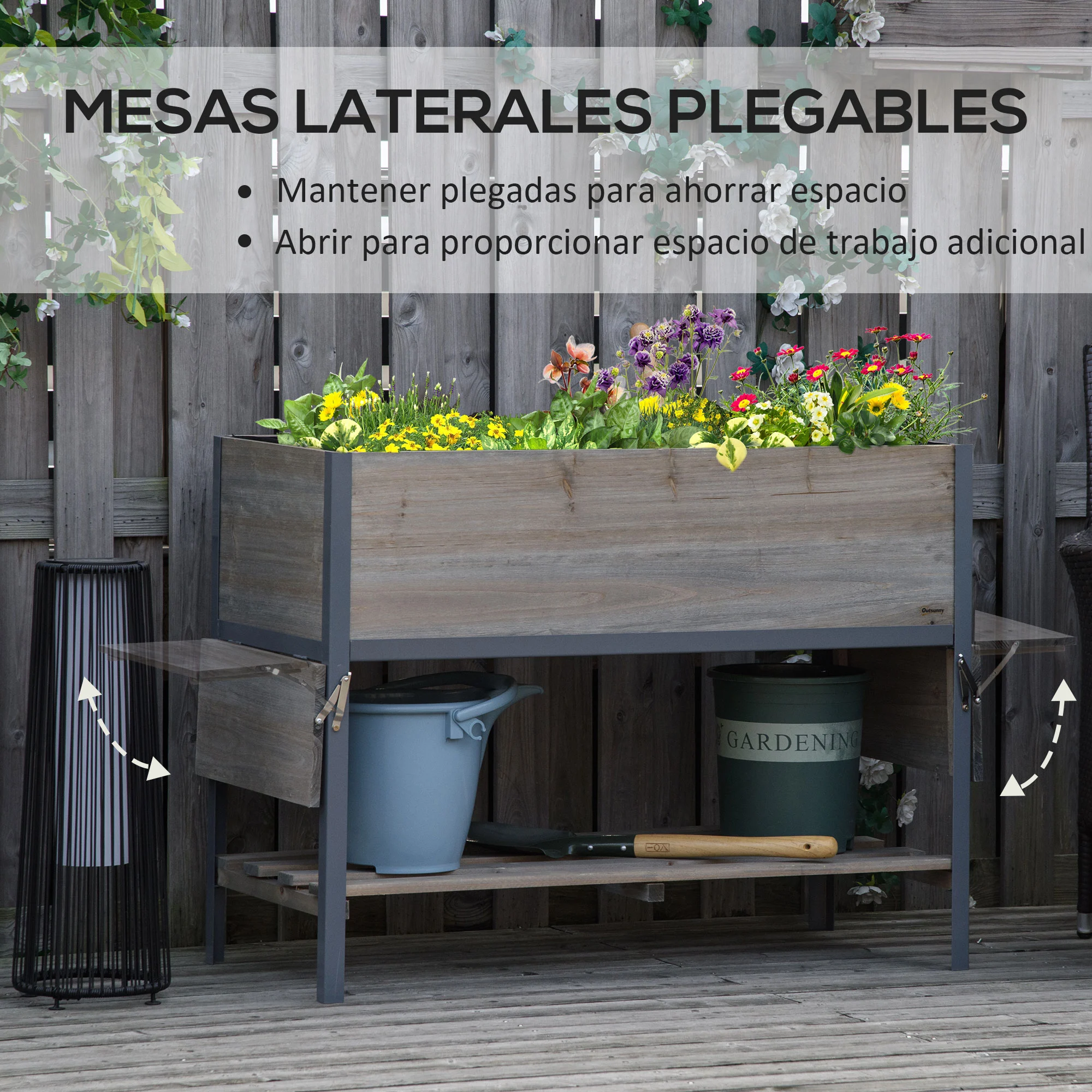 Canteiro elevado de madeira Outsunny para jardim urbano, 140x46x75,5 cm, com 2 prateleiras laterais, prateleira inferior e 2 orifícios de drenagem para plantas e flores, cinza.